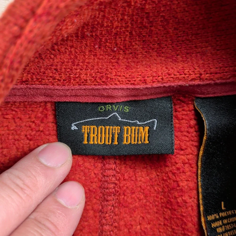 Orvis Trout Bum Mens Large Full Zip Sweater Fleece Jacket Orange Rust Heather